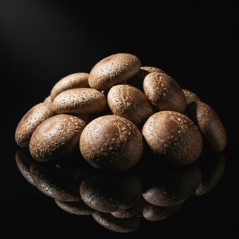 Shiitake Mushrooms Abundant on Black Background
